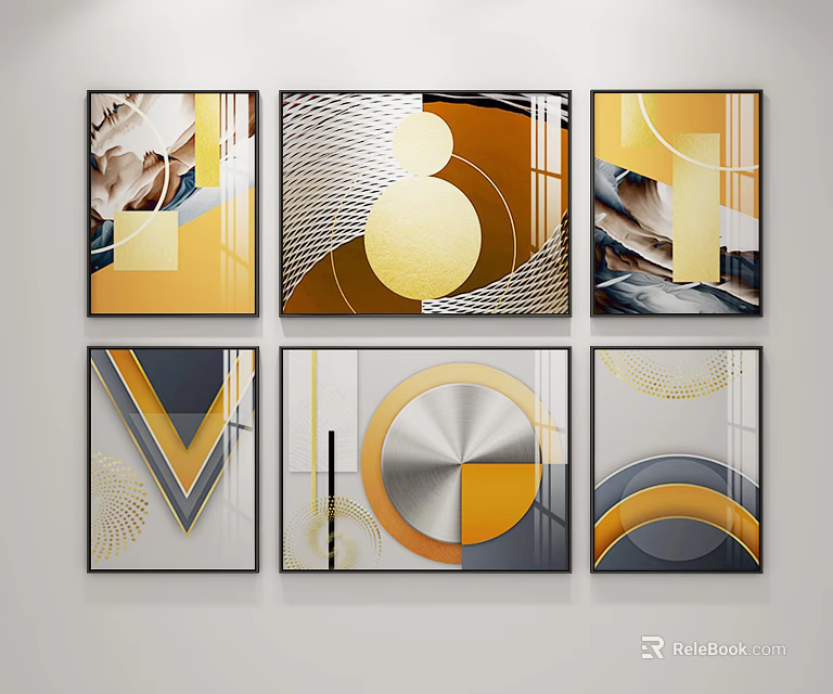 Abstract Paintings With Geometric Elements Yellow Orange Gray Tones And Linear Patterns 3d model