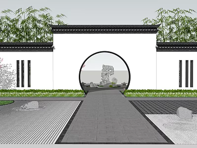 Ancient Chinese Architecture Courtyard With Circular Archway Bamboo Groves And Stone Pathway 3d model