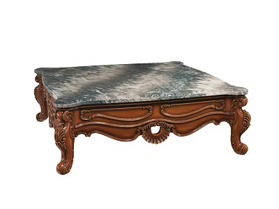 Elegant Coffee Table with Marble Top and Intricate Carved Wooden Base 3d model
