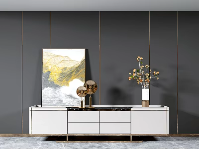 White TV Stand With Gold Accents Drawers And Decorative Painting Vase Flowers On Gray Wall 3d model