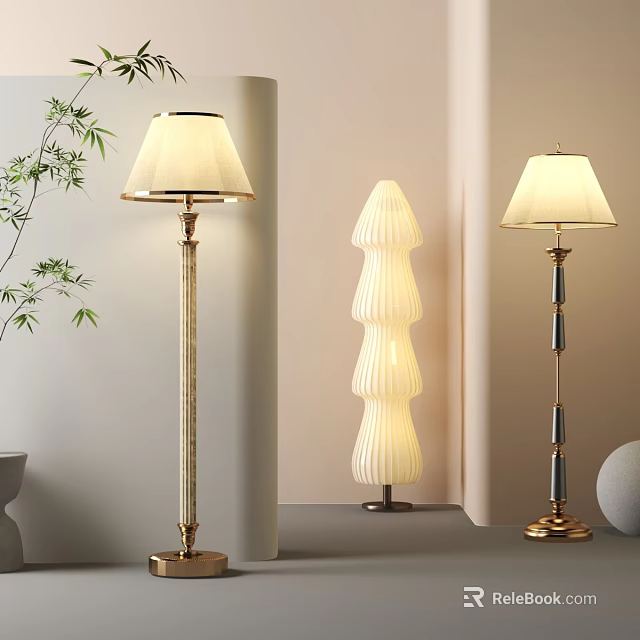 Modern Floor Lamps With Various Designs Fabric Shades Metal Bases And Bamboo Decor 3d model 