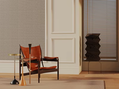 Leather Leisure Chair With Wooden Frame And Side Table By Textured Wall With Blinds 3d model