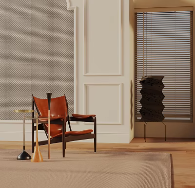 Leather Leisure Chair With Wooden Frame And Side Table By Textured Wall With Blinds 3d model