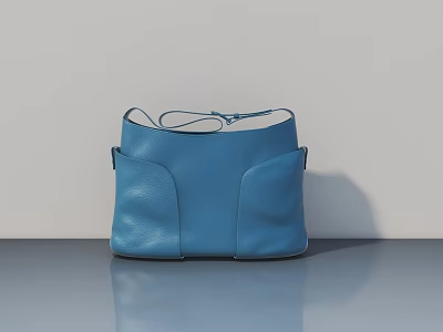 Stylish Blue Leather Handbag On Gray Countertop With Light Blue Wall Background 3d model