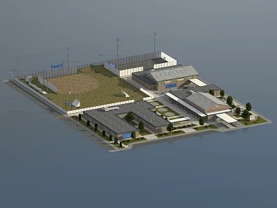 Industrial Complex With Multiple Buildings Fenced Area Green Lawn And Paved Roads 3d model