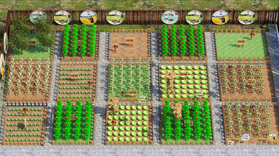 Rural Landscape Featuring Organized Vegetable Garden Plots Various Crops And Wooden Fence 3d model 