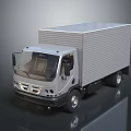 Modern Silver Box Truck With Cab And Cargo Container On Dark Background 3d model