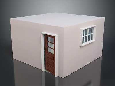 Simple White Cube Building With Brown Wooden Door And White Window 3d model
