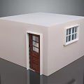 Simple White Cube Building With Brown Wooden Door And White Window