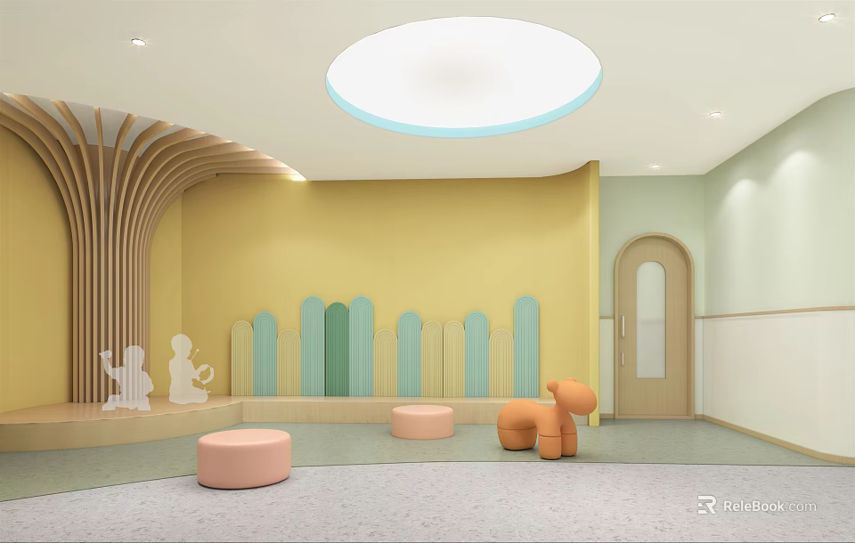 Bright Kindergarten Interior With Yellow Walls Blue Green Curved Decorations Wooden Structure And Round Light 3d model 