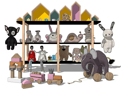 Stuffed Toys Display on Colorful Shelf with Rabbit Bear Elephant and House Shaped Decor 3d model
