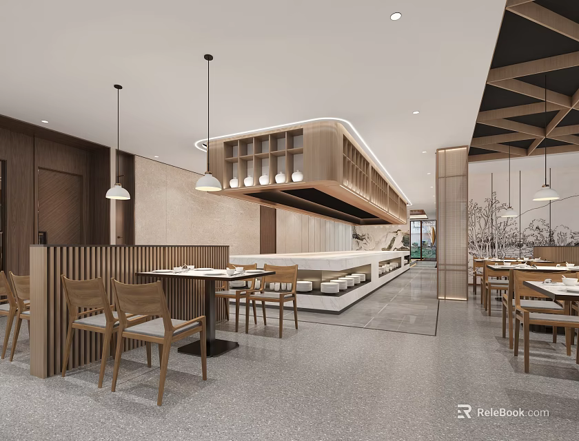 Modern Restaurant Interior With Wooden Tables Hanging Lights Open Counter And Warm Ambiance 3d model 