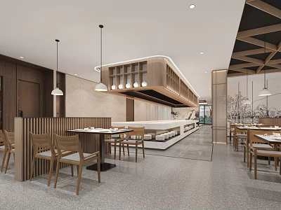 Modern Restaurant Interior With Wooden Tables Hanging Lights Open Counter And Warm Ambiance 3d model