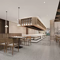 Modern Restaurant Interior With Wooden Tables Hanging Lights Open Counter And Warm Ambiance