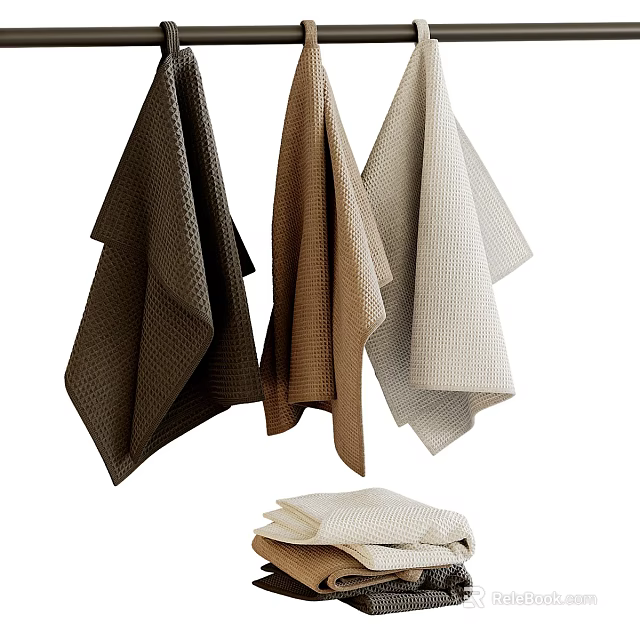 Waffle Texture Towels in Neutral Tones Both Hanging And Folded For 3d model