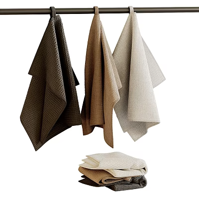 Waffle Texture Towels in Neutral Tones Both Hanging And Folded For 3d model