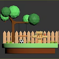Modern Garden Outdoor Scene With Wooden Fence Green Tree Table Chairs Soccer Ball On Grass
