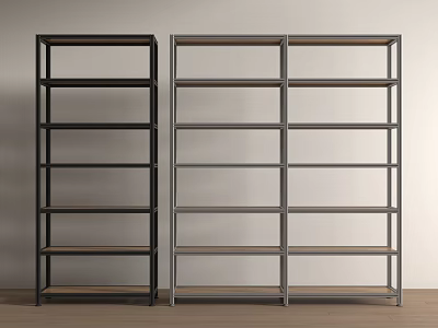 Two Black and Gray Multi Tiered Shelf Units on Wooden Floor with White Wall 3d model