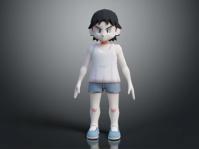 3D Cartoon Character With Black Hair White Tank Top Blue Shorts Red Knees Standing Pose 3d model