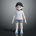 3D Cartoon Character With Black Hair White Tank Top Blue Shorts Red Knees Standing Pose
