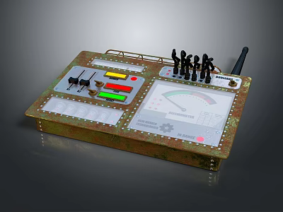 Industrial Control Panel with Metal Casing Colored Indicator Lights Knobs Antenna and Chart 3d model