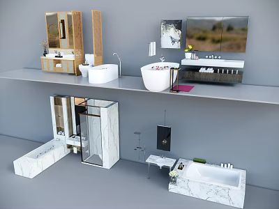 Modern Bathroom Washbasin Designs With Marble Countertops Mirrors And Faucets 3d model