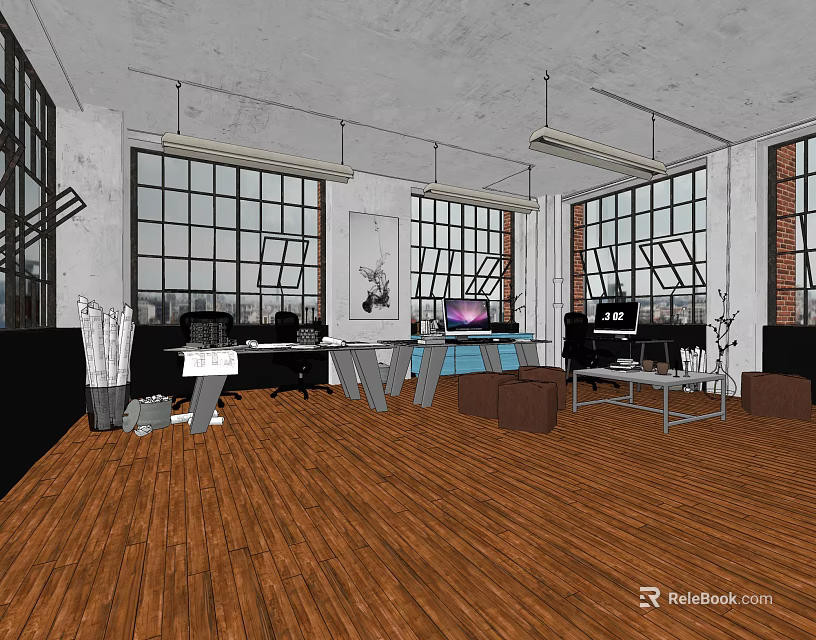 Modern Public Office Space With Large Windows Wooden Flooring And Office Furniture 3d model 