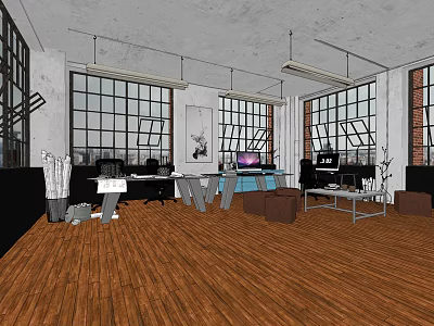 Modern Public Office Space With Large Windows Wooden Flooring And Office Furniture 3d model