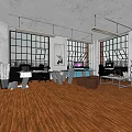 Modern Public Office Space With Large Windows Wooden Flooring And Office Furniture