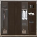 Modern Wooden Wardrobe With Glass Doors Hanging Clothes And Accessories On Shelves