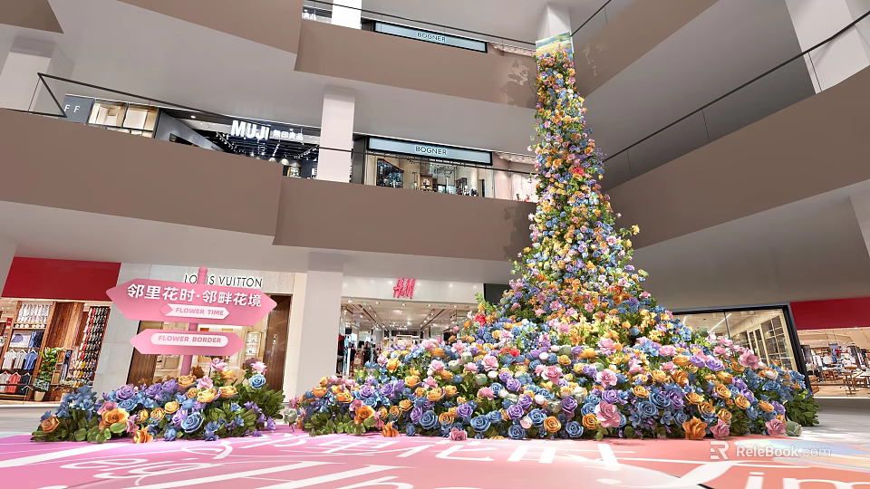Shopping Mall Atrium Photo Spot With Large Flower Tree And Colorful Flowers 3d model 