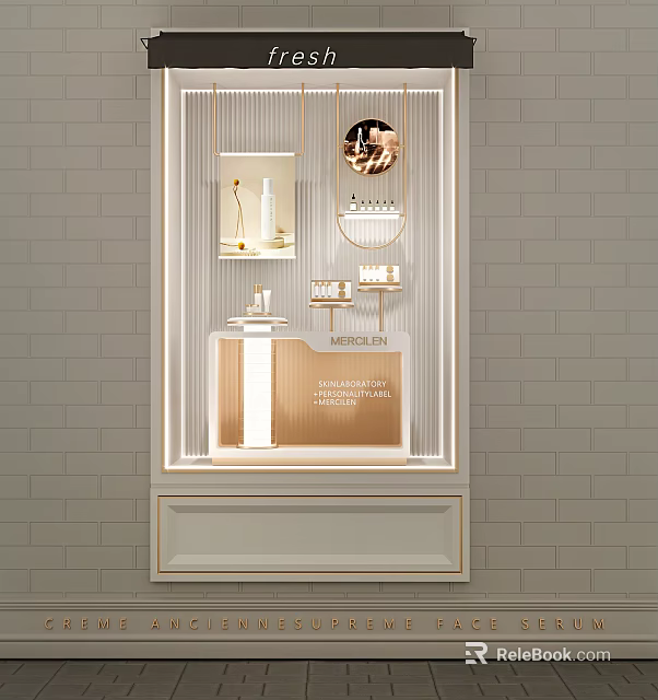 Elegant Window Display Featuring Skincare Products Gold Accents Hanging Mirrors And Soft Lighting 3d model 