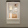 Elegant Window Display Featuring Skincare Products Gold Accents Hanging Mirrors And Soft Lighting