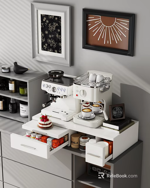 Kitchen Storage Shelf With Coffee Machine Cake Jars And Decorative Items 3d model 