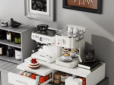 Kitchen Storage Shelf With Coffee Machine Cake Jars And Decorative Items 3d model