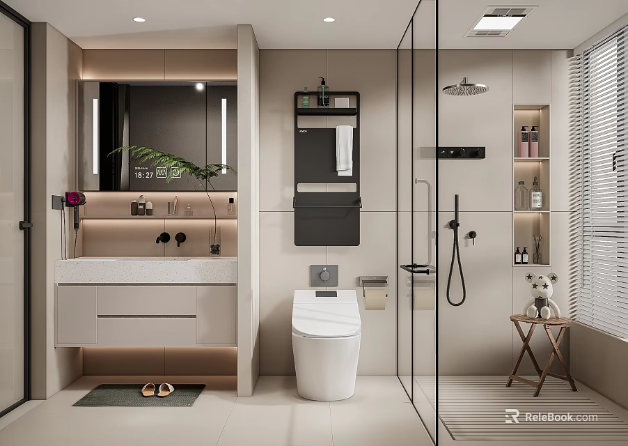 Modern Bathroom Interior With Glass Shower White Toilet Vanity Mirror And Light Cabinets 3d model 