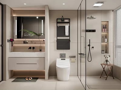 Modern Bathroom Interior With Glass Shower White Toilet Vanity Mirror And Light Cabinets 3d model