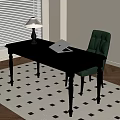 Dark Wood Desk With Table Lamp And Laptop On Checkered Rug In Home Office