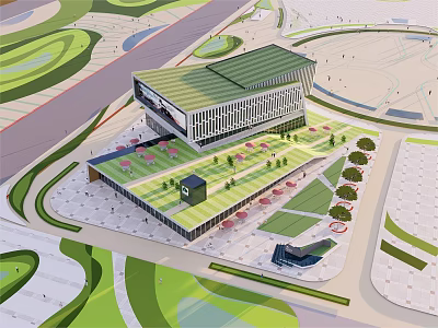 Modern Sales Office Building With Green Landscape Open Plaza And Architectural Design 3d model
