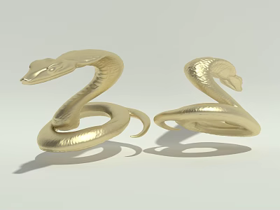 Two Golden Snakes With Coiled Bodies And Shiny Metallic Surface 3d model