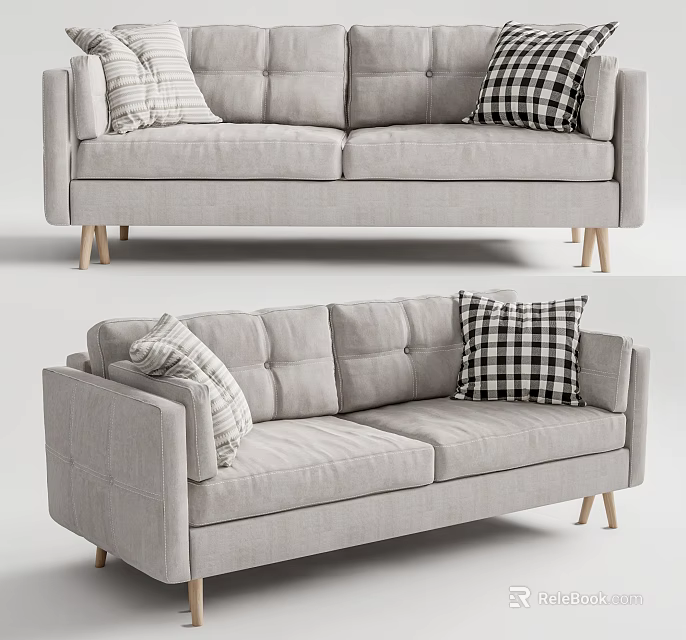 Modern Light Gray Upholstered Two Seater Sofa with Wooden Legs Striped and Checkered Throw Pillows 3d model 