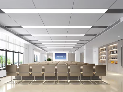 Spacious Modern Conference Room Interior With Arranged Chairs Projection Screen And Large Windows 3d model