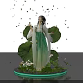 Elegant Green Hanfu Woman With Lotus Leaves Falling Petals On Green Light Ring Platform