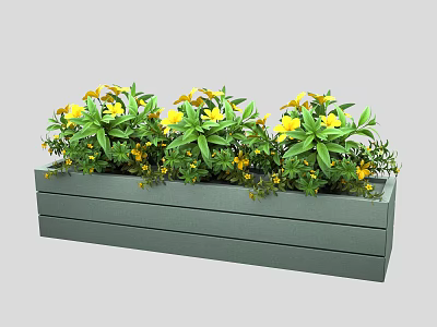 Lush Green Leaves And Vibrant Yellow Flowers In Rectangular Green Planter 3d model