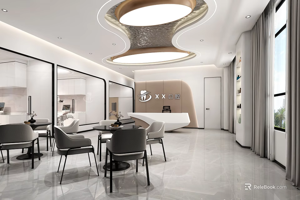 Modern Hospital Outpatient Clinic Interior Design With Waiting Area Reception Desk And Comfortable Chairs 3d model 