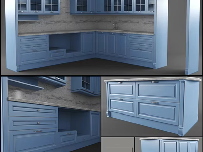 Modern Blue Kitchen Cabinets With Drawers And Concrete Countertop Design 3d model