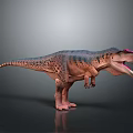 3D Tyrannosaurus Dinosaur Model With Spotted Skin Red Head Open Mouth Standing On Reflective Floor