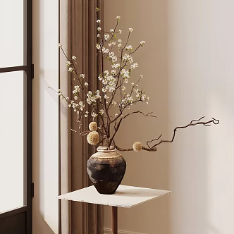 Flower Silent Wind Dried Flower Artwork Permanent Flower Fake Flower Bionic Flower Dried Peach Blossom Branch Silent Wind Vase Pottery Pot Floriculture Plant Green Plant 3d model