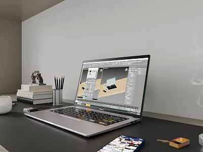 Laptop On Modern Workspace With Design Software Display Mobile Phone Stationery And Books 3d model