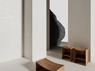 Modern Minimalist Wooden Stools In White Interior Space With Black Decorative Rock 3d model